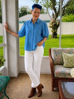 Karl Lagerfeld Paris Linen Blend Puff Sleeve Button Front Shirt NWT Blue Small